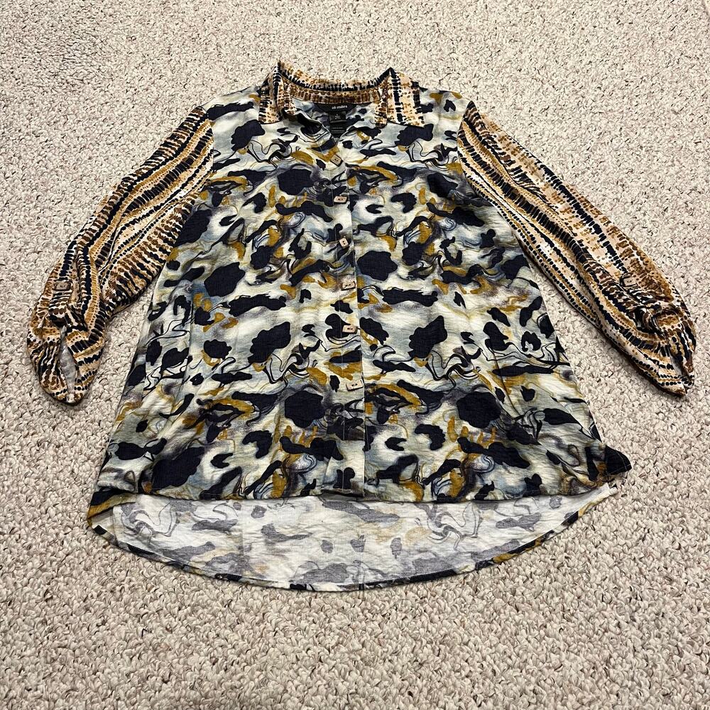 Ali Miles Artsy Button Down Long Sleeve Tunic Top L Boho Avant Garde Abstract